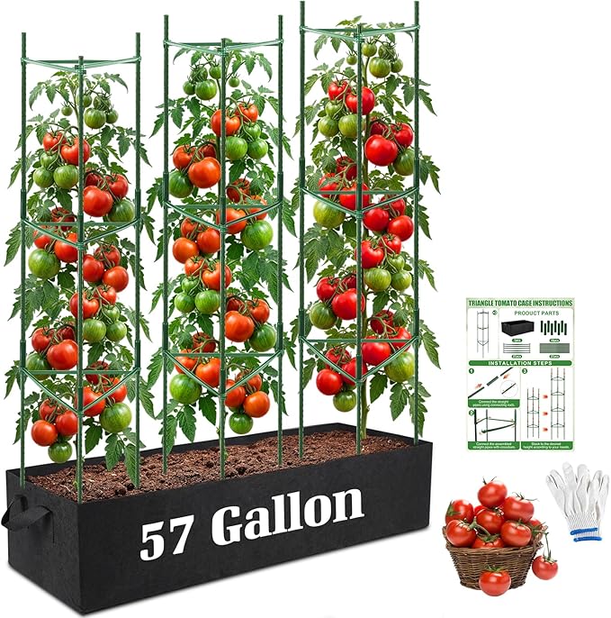 3-Pack Tomato Cage with 57 Gallon Raised Garden Bed - Anti Collapse Steel Core Plant Support System for Climbing Vegetables Plants Flowers 48 Adjustable Vertical Tomato Trellis for Garden Balcony