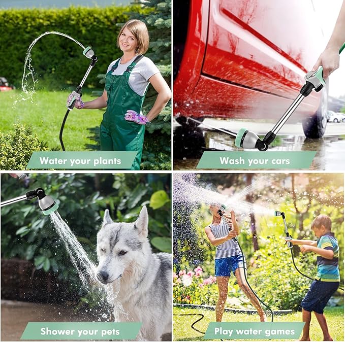 RESTMO Metal Watering Wand Heavy Duty Garden Hose Wand with 180° Swivel Ratcheting Head 16'' Hose Nozzle Sprayer with 7 Spray Patterns and Flow Control for Water Hanging Baskets and Shrubs Cyan