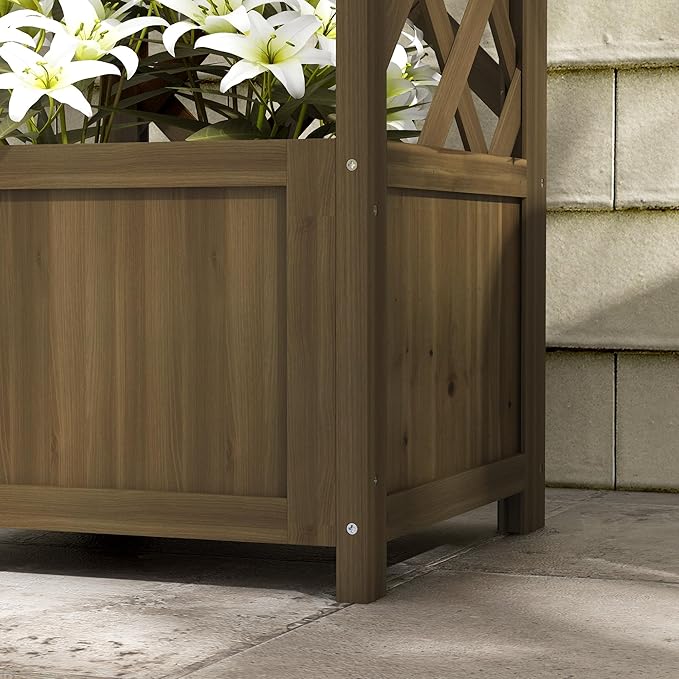 Outsunny Wooden Raised Garden Bed with Trellis 57 Freestanding Corner Planter Box for Vine Plants Flowers Climbing and Planting Carbonized