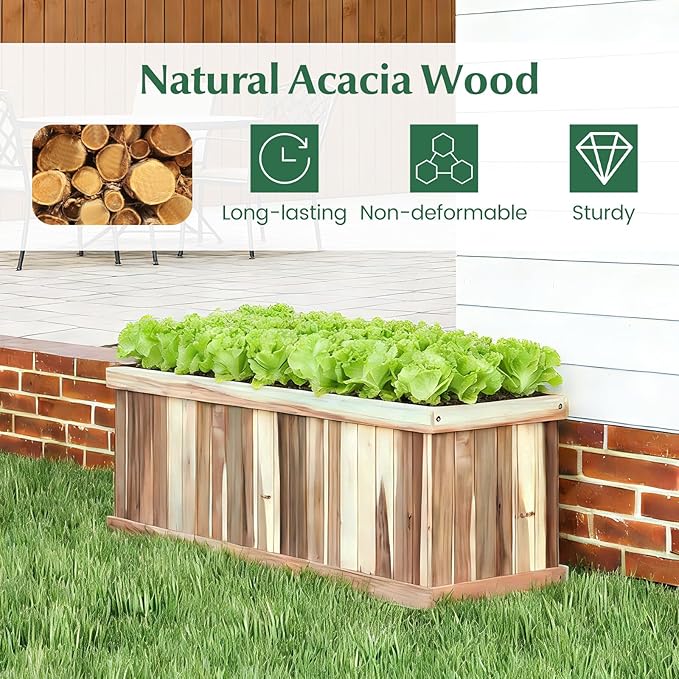 Giantex Acacia Wood Raised Garden Bed Rectangular Planter Box w/Drainage Gaps Floor Standing Window Mount for Flower Vegetable Herb Fruit Outdoor Plant Container for Backyard Lawn 36x12x12