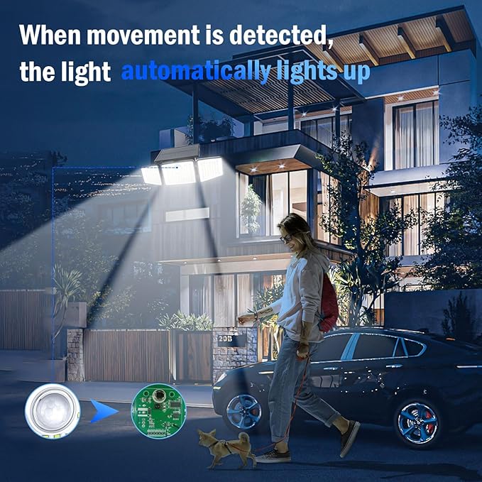 2500LM Solar Lights Outdoor with Motion Sensor3 Head 270° Wide Angle Street Area LightsIP65 Waterproof Security Lighting with 3 Modes(Remote4 Pcs)