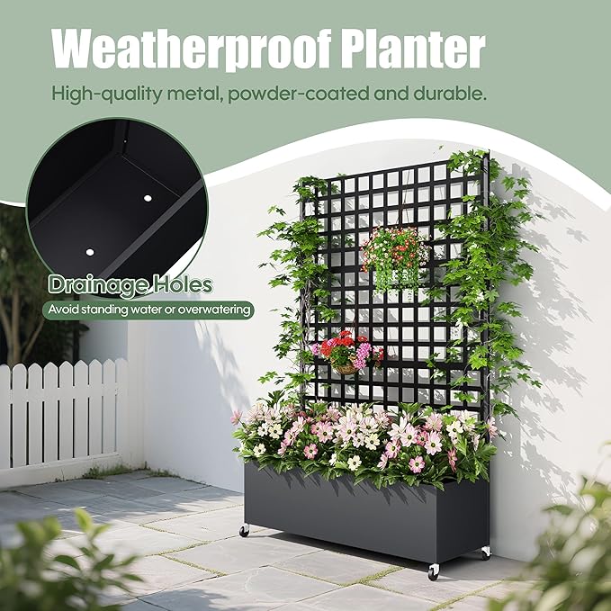 Metal Planter Box with Trellis Privacy Screen Raised Garden Bed with Lattice Trellis &amp Wheels Privacy Planters for Patio Planter Box for Climbing Plants Flower 73x 47x 16 Black