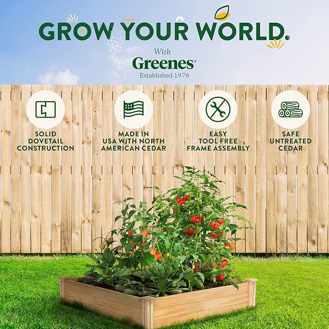 Greenes Fence Classic Cedar Raised Garden Bed 4' x 4' x 10.5 (1/2 Thick) - Made in USA with North American Cedar