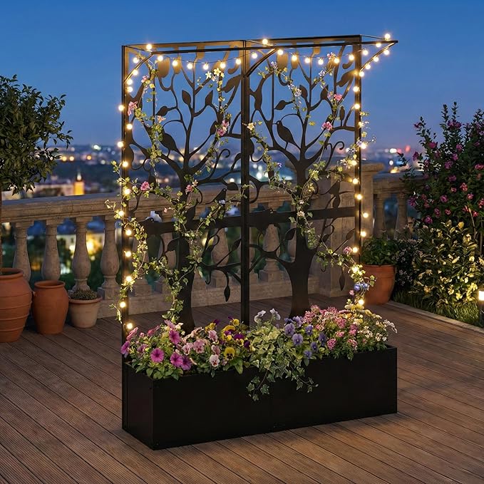 Metal Planter Box with Trellis Set of 2 Outdoor Privacy Planters for Patio Tall Raised Garden Bed for Climbing Plants Vegetables Fruits Balcony Outside 62.4 x 12.2 x 44.6 Inch 2PCS Black