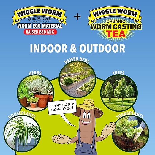 Combo Package – 8oz Organic Pure Worm Casting Tea Fertilizer Concentrate and 40lbs Worm Egg Material Raised Bed Mix Plus for Planting and Fertilization of Indoor and Outdoor Plants