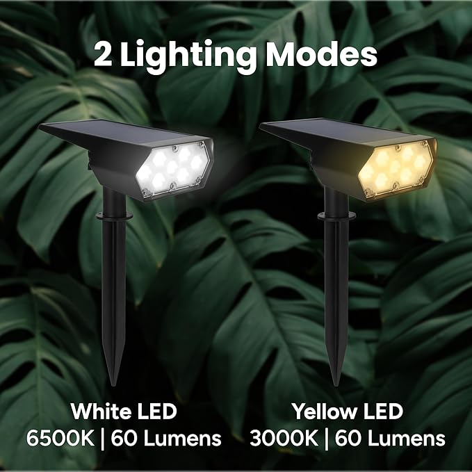 TECHKO Outdoor Solar Spotlight with Wall-Mount &amp Ground-Stake Dusk-to-Dawn Outdoor Waterproof IP65 Multiple Lighting Modes Solar Powered Garden Yard Spot Lights for Outside Landscape (2-Pack)