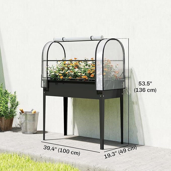Outsunny Raised Garden Bed with Flip-Up Greenhouse Cover Metal Elevated Garden Bed with Legs and Drainage Hole Outdoor Raised Planter Box for Vegetables Herbs Flowers 39.4 x 19.3 x 53.5 Black