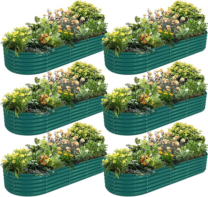6 Pack 8x3x1.5FT Galvanized Raised Garden Bed Kit Oval Metal Ground Planter Box Outdoor Bottomless Planter Raised Beds for Vegetables Flowers Herbs Fruits Green