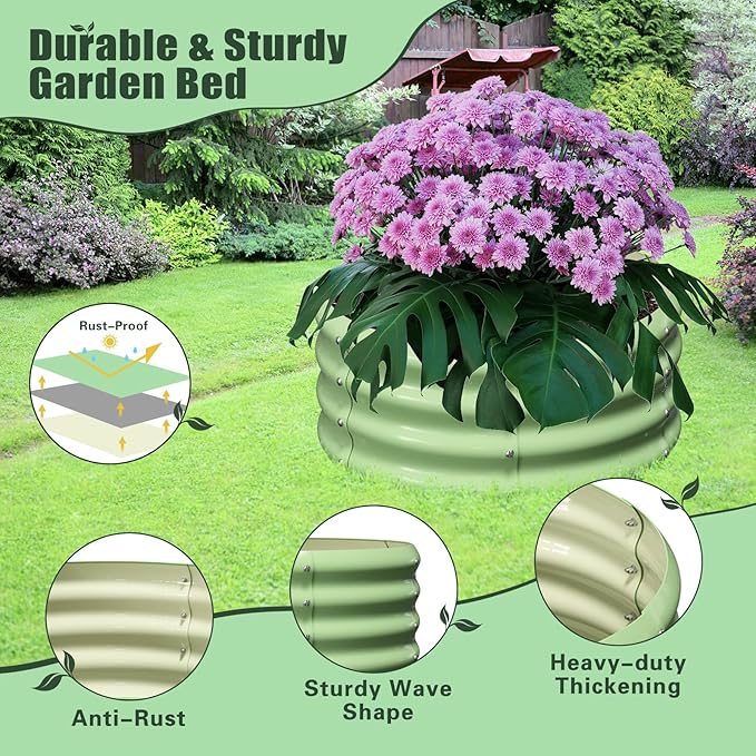 DoCred 3 Pack 2x2x1Ft Round Galvanized Raised Garden Bed Metal Garden Bed Outdoor with Tomato Cages for Gardening Above Ground Planter Box for Plants Vegetables Herbs Flowers Green