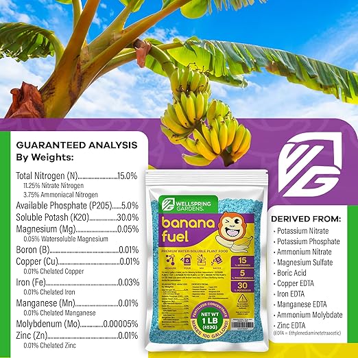 Wellspring Gardens Banana Fuel Fertilizer - Water-Soluble 15-5-30 Blend - Banana Plant Fertilizer - Plant Food - Formula for Banana Trees &amp Plants - Grow Healthy and Happy Plants (1 Pound)