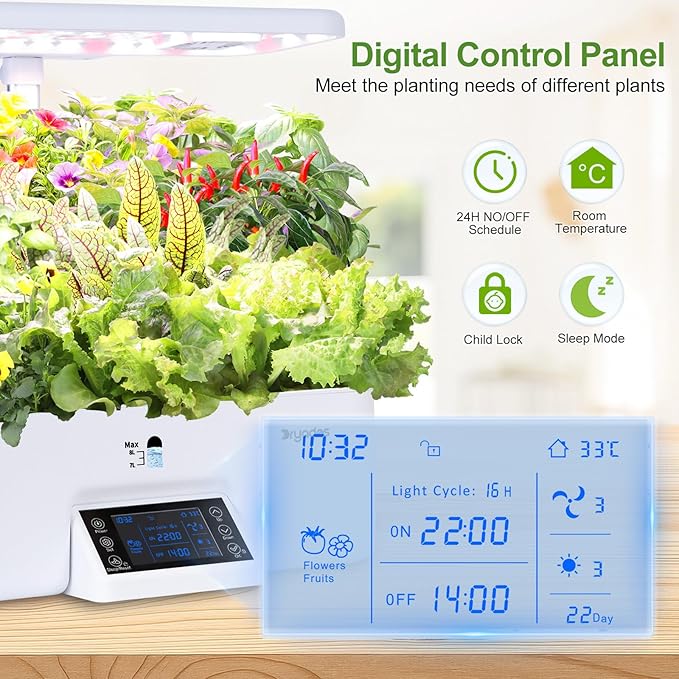17-Pods Hydroponic Growing System with Dual Fans 24W Full-Spectrum Grow Light &amp Smart Control Panel for Indoor Gardening for Vegetables Herbs