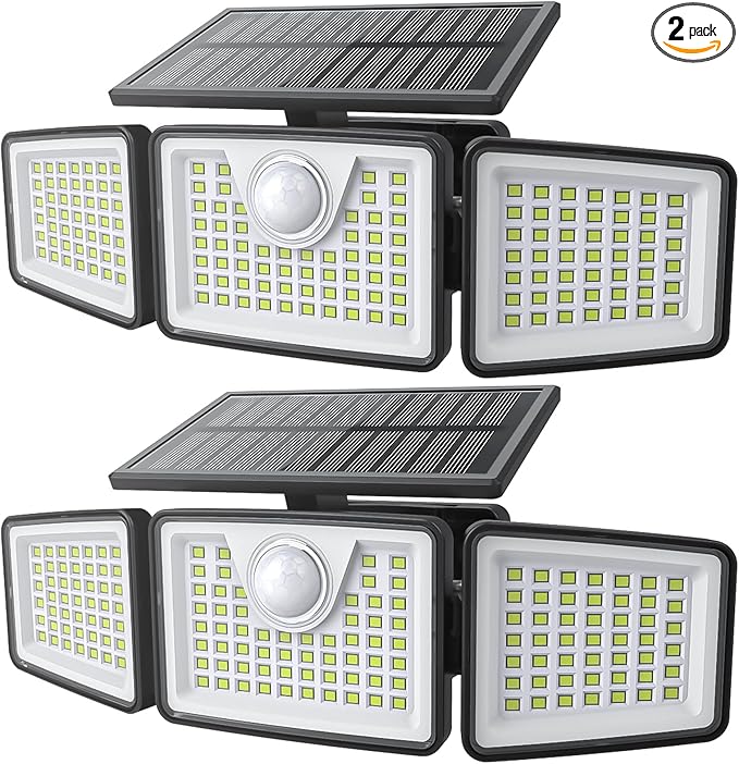 2500LM Solar Lights Outdoor with Motion Sensor3 Head 270° Wide Angle Street Area Lights IP65 Waterproof Security Lighting with 3 Modes(Non-Remote2 Pcs)