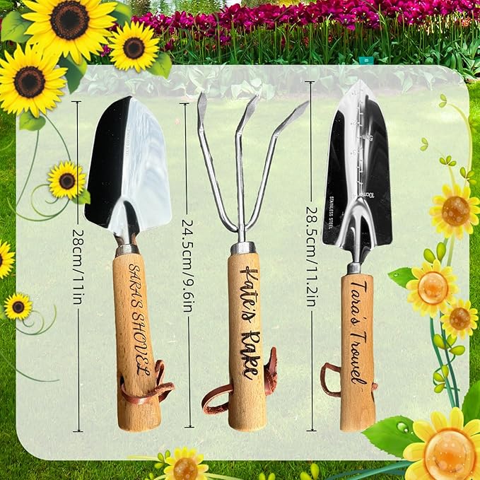 Personalized Garden Tool Set 3-Piece Stainless Steel Kit with Wooden Handles Hand Trowel Rake &amp Shovel for Planting and Weeding for Weeding Planting Transplant Ideal Garden Gift for Women&amp