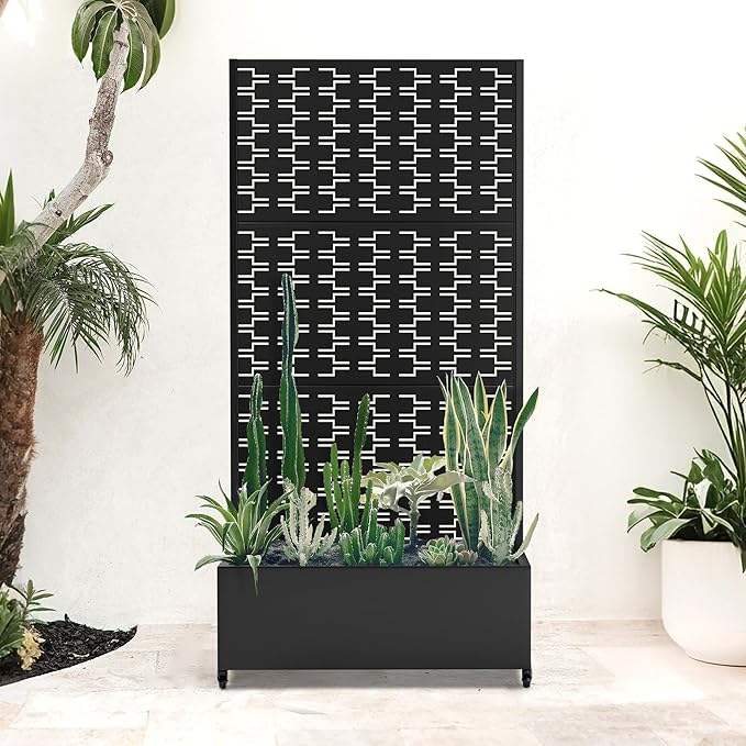 Planter Box with Trellis and Wheels Metal Privacy Screen with Garden Beds Outdoor for Climbing Plants Standing Planter Boxes with Drainage Holes (35 L×16 W×71 H Black Rectangle)