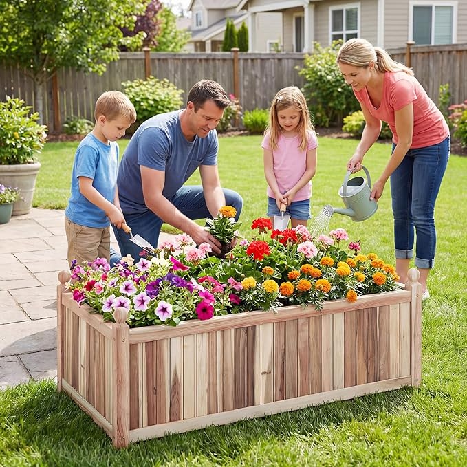 Wood Raised Garden Bed Rectangular Planter Box with Liner &amp Drainage Easy Assembly for Growing Vegetable Flower Herb Fruit Outdoor Planting Bed for Backyard Garden (1 44” x 23” x 16”)