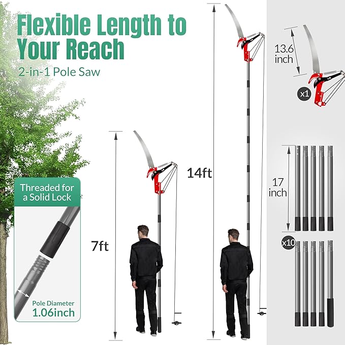 Suchtale Manual Pole Saw Pruning Saw Tree Pruner with Steel Blade &amp Scissors Tree Trimmer for High BranchesPalms and Shrubs 14FT Extendable Long Handle Limb Cutter Yard Garden Branch Trimmin