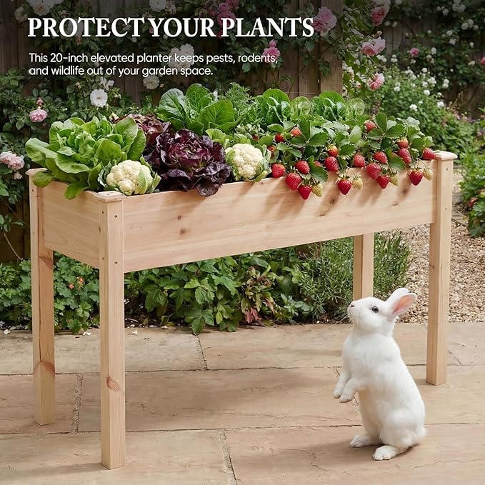 DUMOS Raised Garden Bed with Legs 34x18x30 Inch Planter Box Outdoor with Liner for Herbs Flowers Vegetables Elevated Wooden Garden Bed for Patio Balcony and Backyard Natural Wood