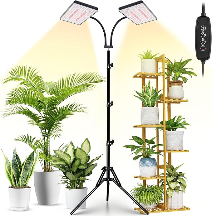 LBW Latest Grow Light for Indoor Plants 428 LED Dual-Head Full Spectrum Standing Plant Light Floor Grow Lamp with 3/6/12H Timer 6 Brightness Levels 3 Switch Modes 75 Adjustable Tripod Stand