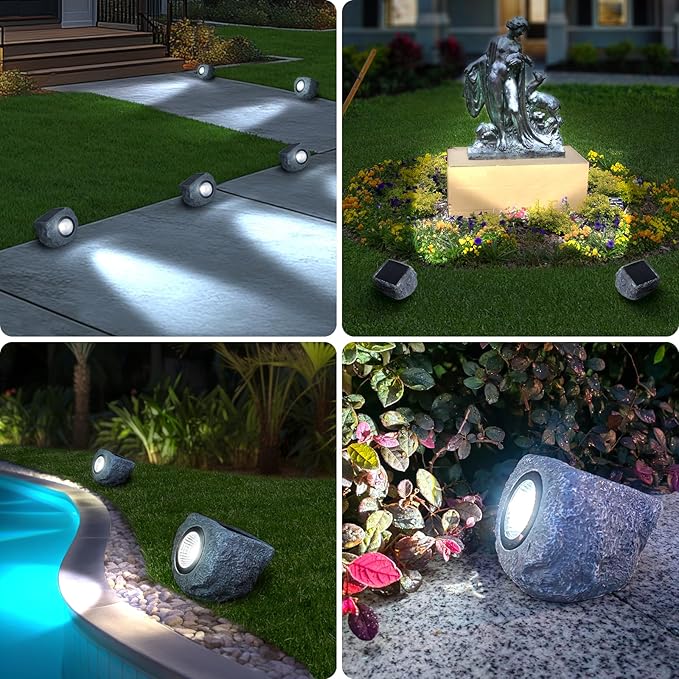 4 Pack Solar Garden Rock Lights Outdoor 20 LM Bright White Spotlights with Auto On/Off IP65 Waterproof 6000K Led Solar Powerd Landscape Stone Lights for Pathway Walkway Yard Patio