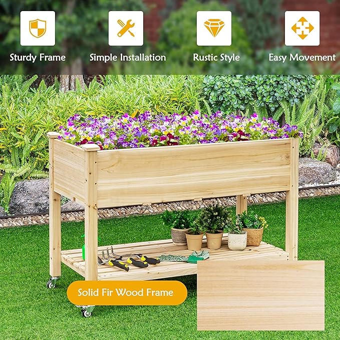 S AFSTAR Raised Garden Bed with Wheels 48 L X 24 W X 33 H Wooden Elevated Planter w/Lockable Wheels Storage Shelf Bed Liner Raised Garden Boxes for Backyard Patio Balcony 110lb Capacity