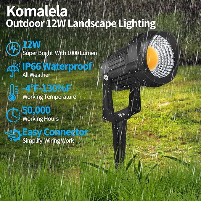 12W LED Landscape Lights Low Voltage 3000K Warm White 12V AC/DC Waterproof Outdoor Spotlights IP65 Garden Pathway Lights with 12 Spike Stands for Tree Garden Yard Pathway (12 Pack)