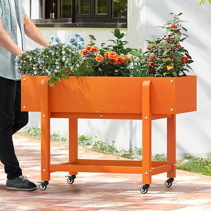 LUE BONA Raised Garden Bed with Wheels 39.4 * 16.7 * 28 in Poly Elevated Outdoor Planter Box with Tools Weather Resistant Standing Growing Bed Herb Planter for Vegetable Flowers Fruits