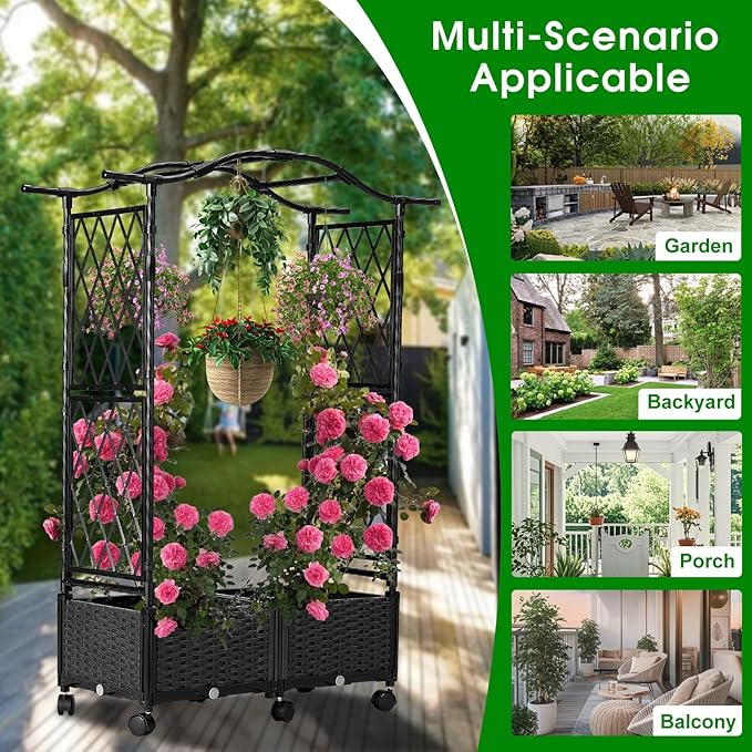 Planter Box with Trellis Outdoor Plastic Raised Garden Bed Trellis Planter Box with Wheels and Drainage Hole for Patio Balcony Backyard Indoor Flower Vegetable Tomato Black