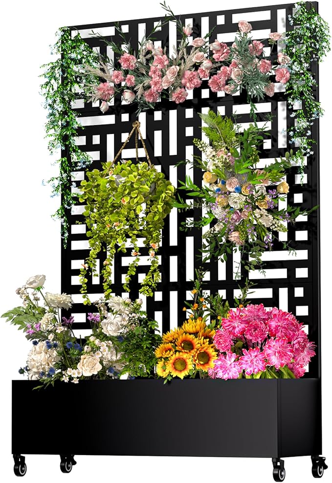 Metal Planter Box with Trellis72x47x16Galvanized Steel Outdoor Raised Garden Bed with Privacy Screenwith Drainage Holes &amp Lockable Casters for Climbing PlantsVegetablesand Vines(JD)