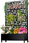Metal Planter Box with Trellis72x47x16Galvanized Steel Outdoor Raised Garden Bed with Privacy Screenwith Drainage Holes &amp Lockable Casters for Climbing PlantsVegetablesand Vines(JD)