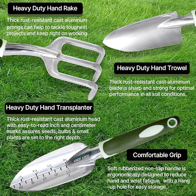 3 PCS Heavy Duty Aluminum Gardening Tool Set for Men &amp Women Including Hand Shovel Hand Rake &amp Transplanter Trowel with Soft Rubberized Non-Slip Ergonomic Handle