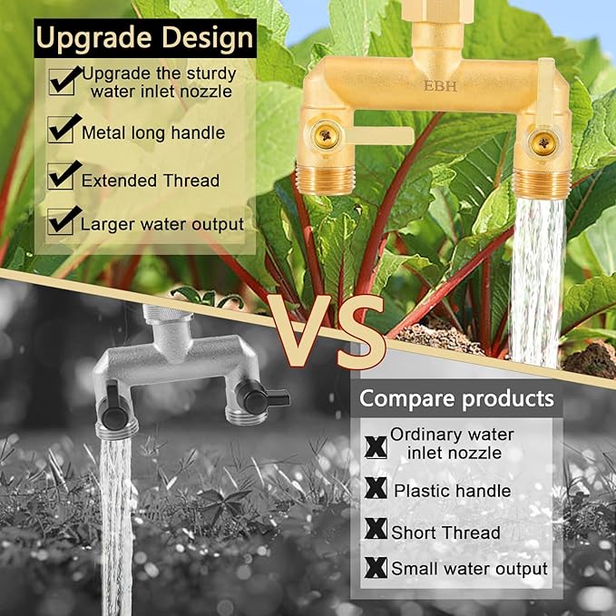 EBH Garden Hose Splitter Full Flow Outdoor Faucet Splitter 2-Way High Flow Brass Heavy Duty Hose Splitter with Long Metal Handle。