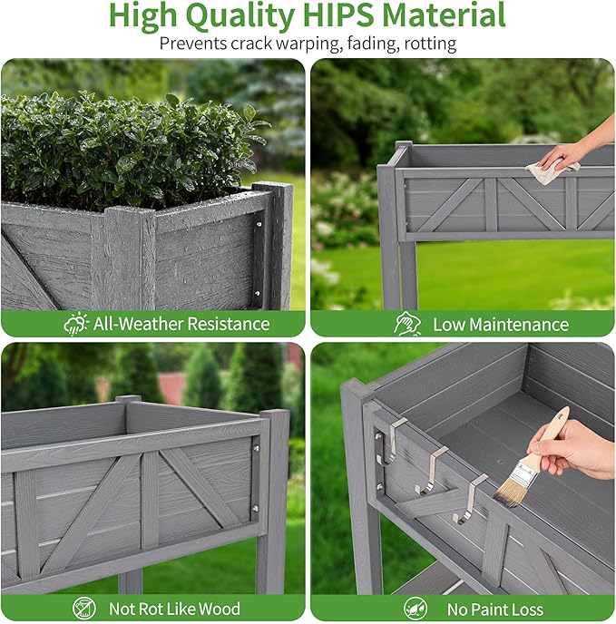 HIPS Elevated Raised Garden Bed with Legs72L x 17.3W x 28.7H Large Outdoor Planter Box with Storage RackAll-Weather Raised Bed Planters with 6 Hooks &amp 2 Non-Woven Liner for Vegetables Flower