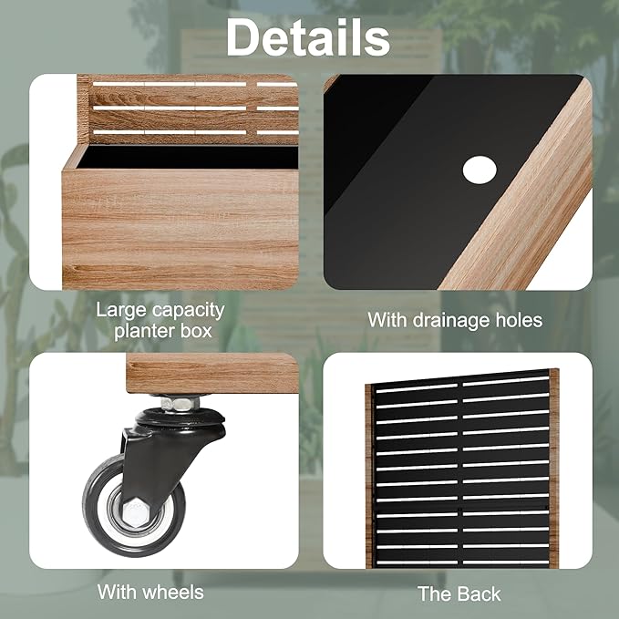 Metal Planter Box with Trellis for Patio Outdoor Raised Garden Beds with Privacy Screen Wheels Drainage Holes (35 L Brown Oak Grain)