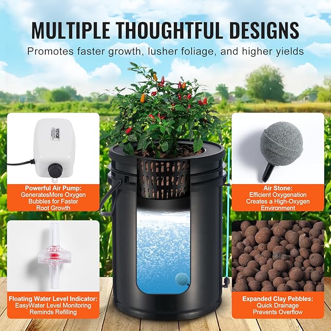 VEVOR DWC Hydroponics Grow System Hydroponic Growing System with Top Drip Kit 5-Gallon Deep Water Culture with Air Pump Air Stone and Water Level Device for Leafy Vegetables(1 Bucket+Top Drip Kit)