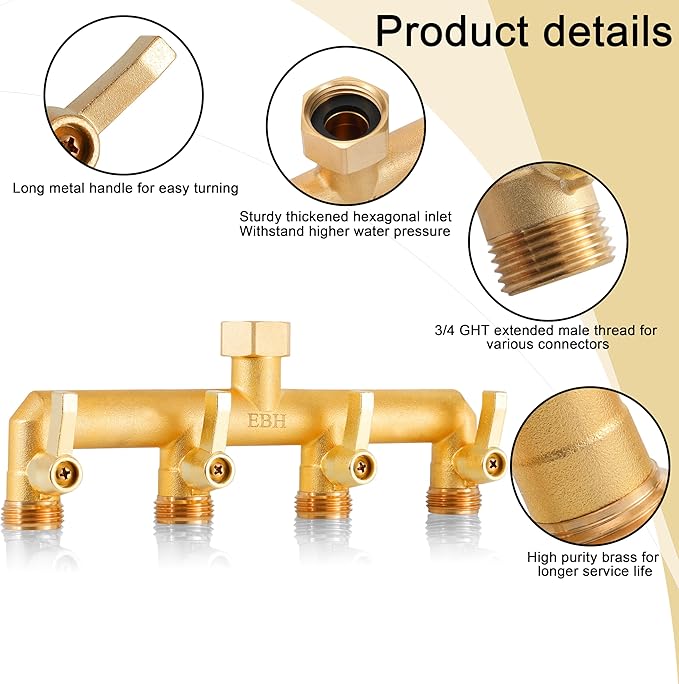 EBH Brass Garden Hose Splitter 4-Way Heavy Duty Hose Splitter Outdoor Faucet Manifold with Extended Metal Handle and Individual On/Off Valve Spout 3/4” GHT Threads
