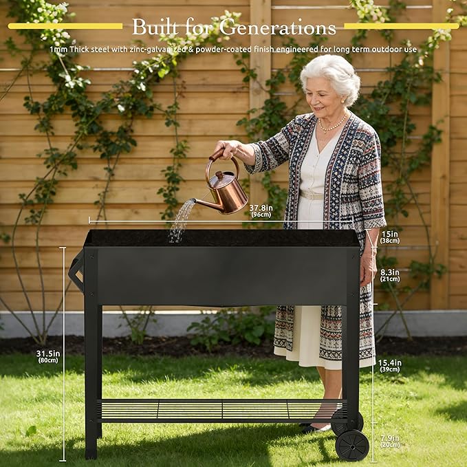 Elevated Raised Garden Bed 31.5 Tall 1mm Thick Metal Planter Box with Grow Bag Legs Storage Shelf for Gardening 700lbs Capacity Rolling Outdoor Cart on Wheels for Vegetable Flower Herb