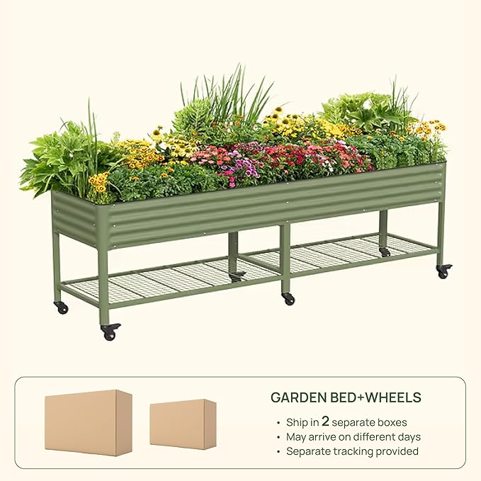 Rolling Elevated Raised Garden Bed - Jumbo Series 2.5' x 10' Outdoor Planters Boxes with Legs &amp Storage Rack for Patio 2000+ Lbs Weight Capacity Raised Beds for Gardening Herbs Flowers Olive G