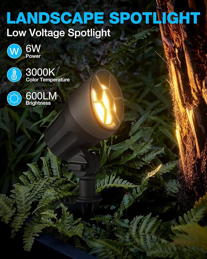 SUNVIE 6W LED Landscape Lights Low Voltage Landscape Lighting with Connectors Warm White Landscape Spotlights Outdoor 12-24V Waterproof Yard Garden Lights Wired Tree Wall Landscape Spotlights 8 Pack