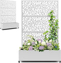 Metal Raised Garden Bed with Trellis Privacy Screen Large Planters Box with Wheels &amp Drainage Holes for Climbing Plants (47 L×16 W×71 H White Leaf)