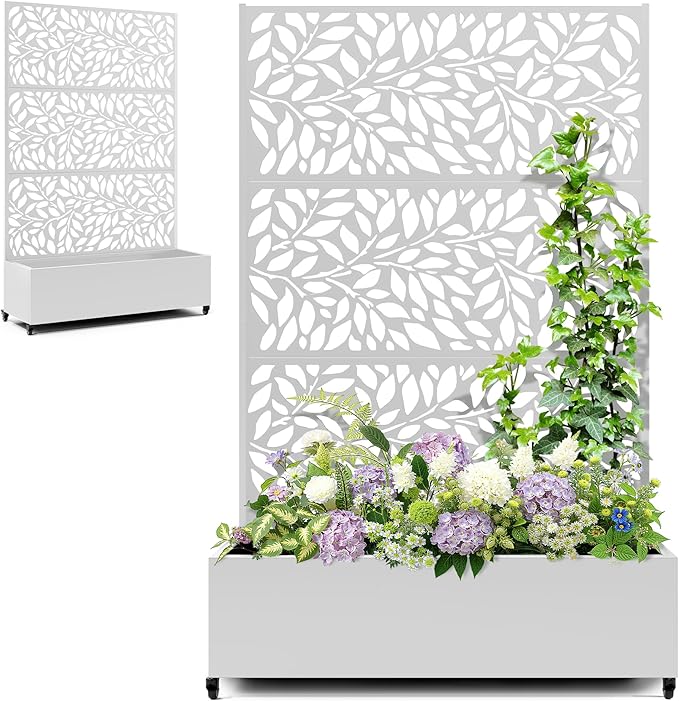 Metal Raised Garden Bed with Trellis Privacy Screen Large Planters Box with Wheels &amp Drainage Holes for Climbing Plants (47 L×16 W×71 H White Leaf)
