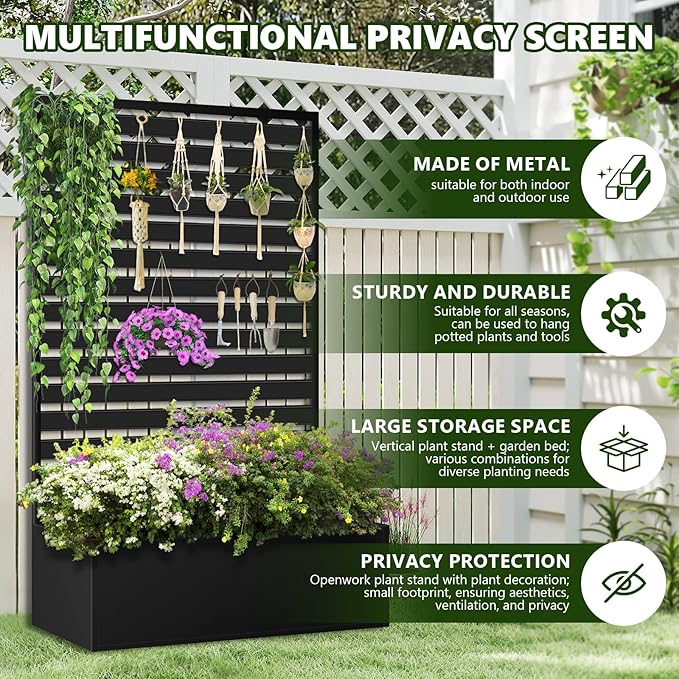 Metal Raised Garden Bed with Trellis 2 in 1 Trellis with Planter Box &amp Privacy Screen for Climbing Plants Vine Outdoor Standing Flower Beds with Drainage Holes 35 L x 16 W x 71 H Black