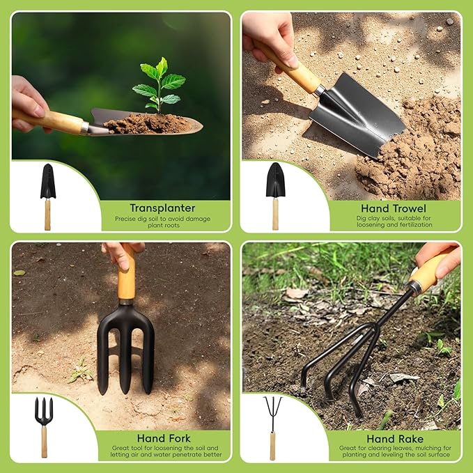 9-Piece Gardening Tool Set Heavy Duty Garden Tool Set with Wood Handle Premium &amp Durable Hand Tools Gardening Kit with Stylish Handbag Gardening Gifts for Women