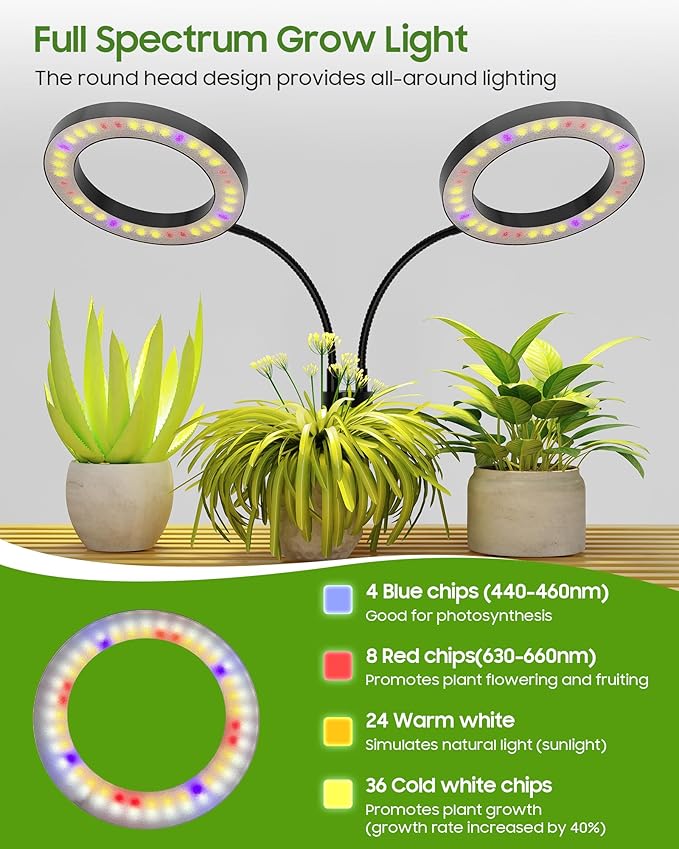 Grow Lights for Indoor Plants Full Spectrum LED Plant Light with Metal Base Plant Growing Lamps with Timer 3/9/12H 3 Color Modes 6 Brightness Levels 25-38'' Adjustable Height