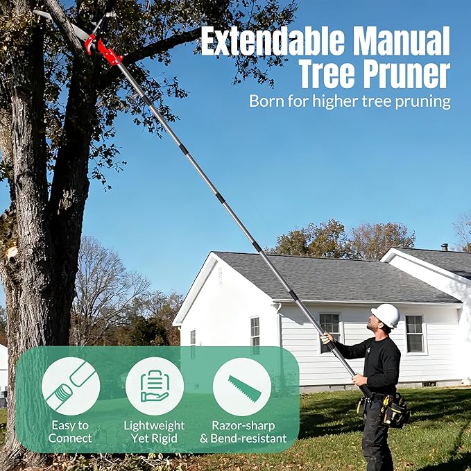 Suchtale 10FT Pole Saw for Tree Trimming Manual Tree Pruner with Steel Blade &amp Scissors Long Handle Branch Cutter Pole Extendable Limb Trimmer for High Branches Yard Garden Pruning Saw