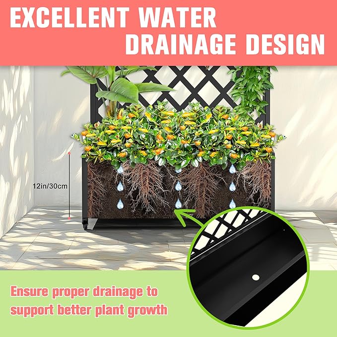 Metal Planter Box with Trellis Raised Garder Bed with Drainage Hole Privacy Screen &amp Trellis for Climbing Plants Outdoor Plant Stands 35''L×17''W×73''H Black