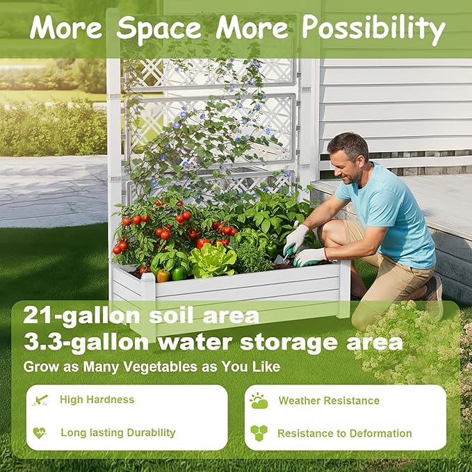 5.3' Tall Raised Garden Bed with Trellis Self Watering Planter Box for Outdoor Climbing Plants Resin Garden Lattice for Vegetables Flowers Tomato &amp Vine with Drainage Holes (Ashen 1 PC)