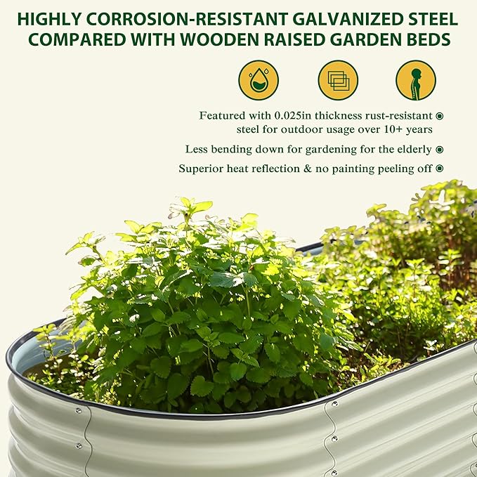 8x2x1.4ft Galvanized Raised Garden Bed 9-in-1 Metal Raised Planter Box Oval Outdoor for Vegetable Flower Backyard and Patio Cream White