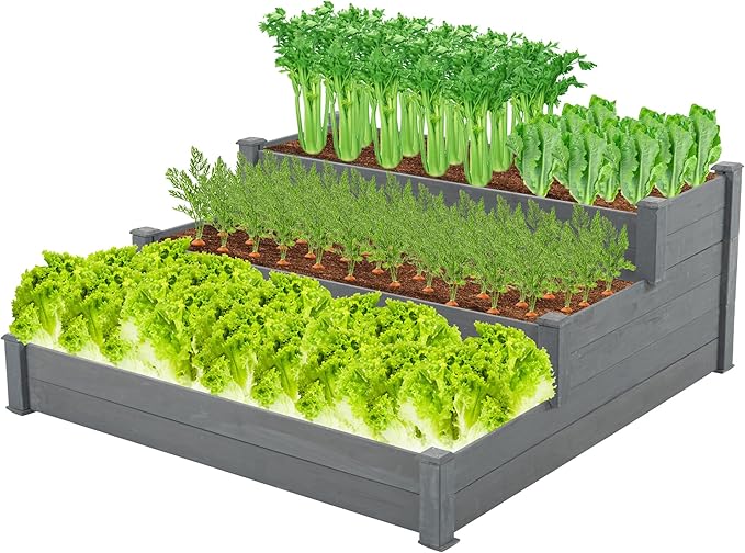3 Tier Wooden Raised Garden BedTiered Outdoor Elevated Flower BoxHorticulture Open-Bottom Planter Raised Garden BedVegetables Growing Planter for Backyard Patio Gardener Grey