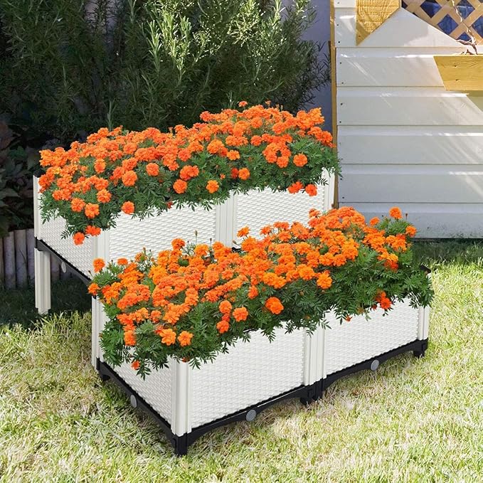 GRAFFY Set of 4 Raised Garden Bed Kits Elevated Garden Beds with Self-Watering Design Raised Garden Boxes for Flowers Vegetables and Herbs Planting Box Container for Patio Yard Balcony (White)
