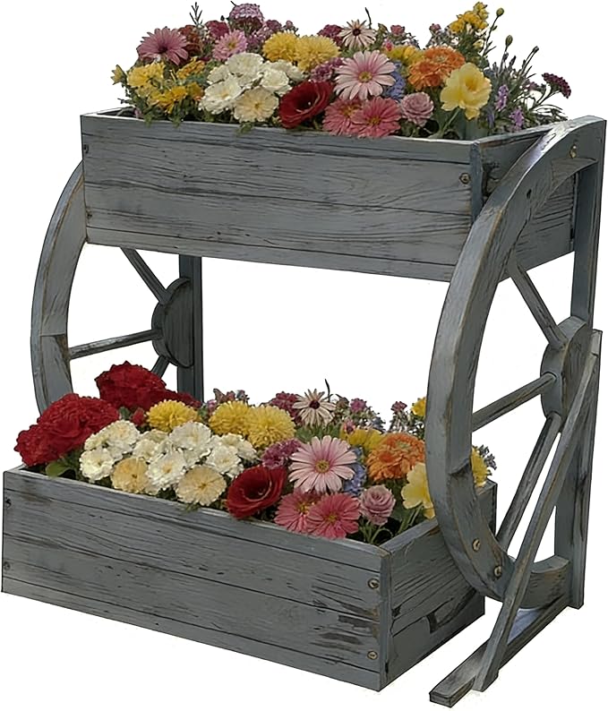 Wooden Wagon Garden Planter Box with Wheels-Indoor/Outdoor Decor for Patio Backyard Balcony-Country Farmhouse Flower Box-2 Tier Rustic Garden Raised Bed for Flowers Herbs Vegetables